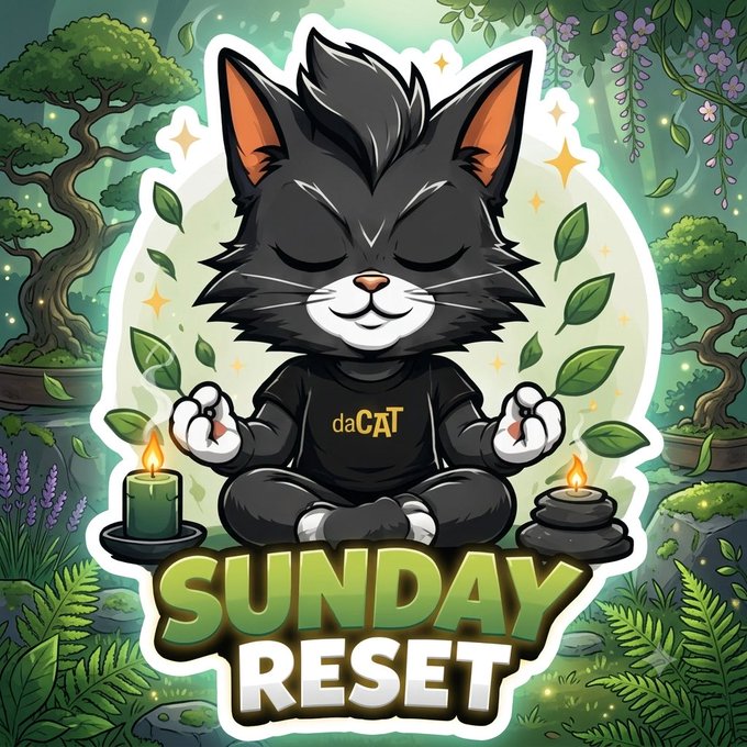 A cartoon black cat in a meditation pose wearing a 'daCAT' shirt, surrounded by candles and foliage, with 'SUNDAY RESET' text displayed prominently below.