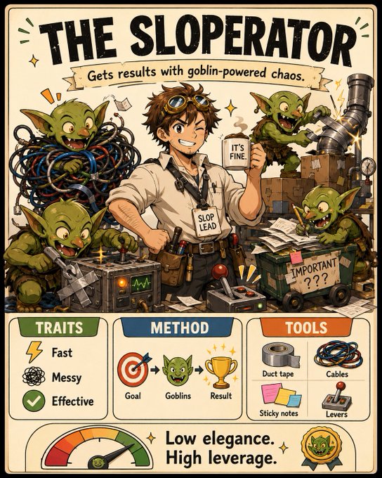 A whimsical "trading card" featuring "The Sloperator" — a smiling human with goggles flanked by chaotic goblins tangled in cables and duct tape — humorously visualizes the relatable post about careers running on goblin-powered chaos, "low elegance, high leverage," and traits like "Fast, Messy, Effective."