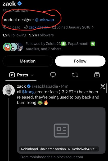Zack, a product designer at Uniswap, tweets that all $FRONG creator fees (13.2 ETH) have been released and are being used to buy back and burn frong, with a Robinhood Chain transaction linked. The caption highlights the irony of a Uniswap employee publicly promoting a rival token launchpad's coin ($FRONG), contradicting the post's claim that Uniswap is trying to "stay relevant and steal market share" through questionable crypto practices.