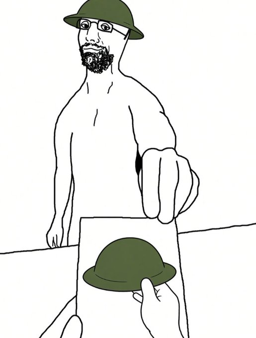 A black-and-white line drawing illustration showing a bearded man with an exaggerated pointing finger in the style of the 'Soyjak' Wojak meme, wearing a green helmet, while a hand in the foreground holds a piece of paper with a green hat drawn on it.