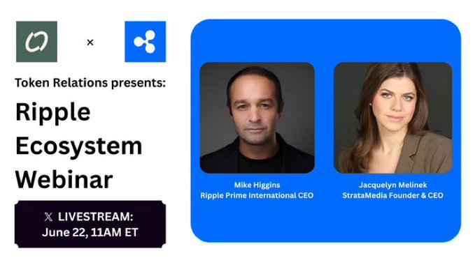The image features two people, one male and one female, sitting next to each other with their faces displayed against a blue background. The text "Ripple ecosystem webinar" is written below them, indicating that they are participating in an online event related to Ripple coins or Ripple ecosystem. The post also mentions the use of XRP as part of the conversation.