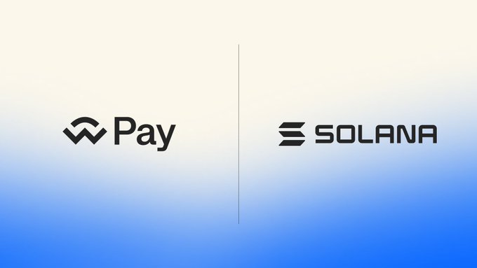 The image features two logos side by side against a blue background. The logo for Solana, a cryptocurrency wallet service, is positioned above the other logo that says "Pay". Both logos are black and white, with the Solana logo being slightly larger than the "Pay" logo. The text on both logos reads "Solana WalletConnect Pay That's right, now you can spend your SOL, USDC, and USDT on @solana anywhere WalletConnect Pay is accepted."