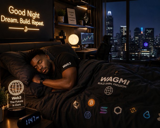 A man sleeps in a dark bedroom with a city view at night; the scene includes neon signs reading 'Good Night Dream. Build. Repeat.' and 'Web3 The Future is Ours,' along with crypto logos and a 'WAGMI BUILD. EARN. FREEDOM.' blanket.