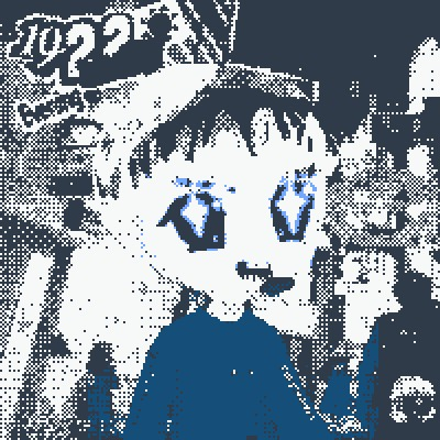 A pixelated, high-contrast black, white, and blue image of an anime-style character with large eyes.