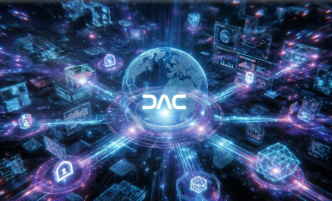 A futuristic digital artwork featuring a glowing 'DAC' logo at the center of a holographic globe, surrounded by floating tech icons, data screens, and neon purple and blue lights.