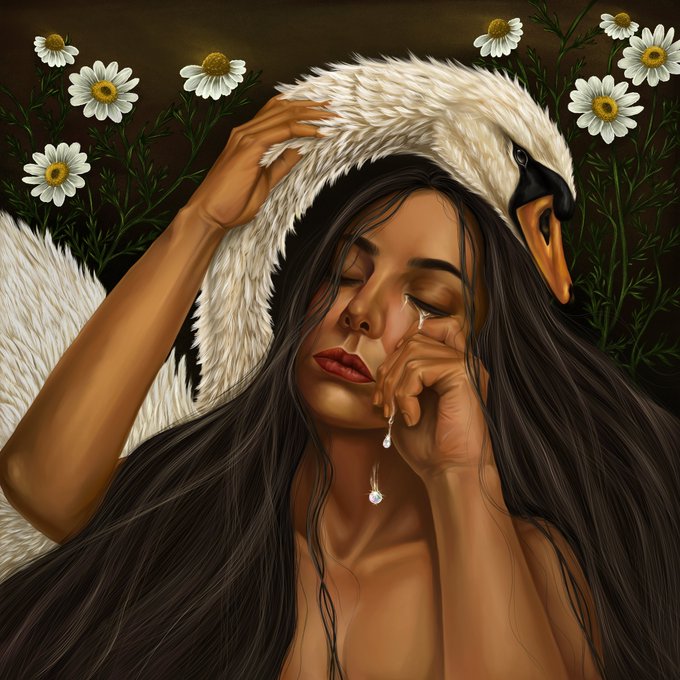 A surreal painting depicting a crying woman with long dark hair embracing a large white swan, with daisies in the background and tears visible on her face.