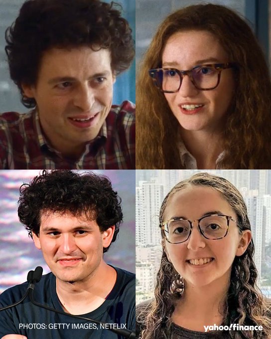 A four-panel image shows two men on the left and two women on the right, likely depicting real people (top row) and their on-screen portrayals (bottom row) from the upcoming Netflix series "The Altruists," which dramatizes the FTX cryptocurrency exchange collapse and premieres on November 19. Text at the bottom credits "PHOTOS: GETTY IMAGES, NETFLIX" and "yahoo/finance."