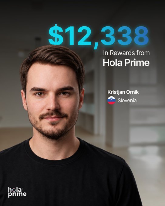 An advertisement for Hola Prime featuring the headline "$12,338 In Rewards from Hola Prime" alongside a man named "Kristjan Ornik" from "Slovenia" (with a Slovenian flag icon).