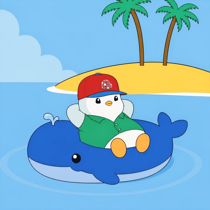 Cartoon illustration of a penguin wearing a red cap and green shirt floating on a blue whale pool float near a sandy island with two palm trees.