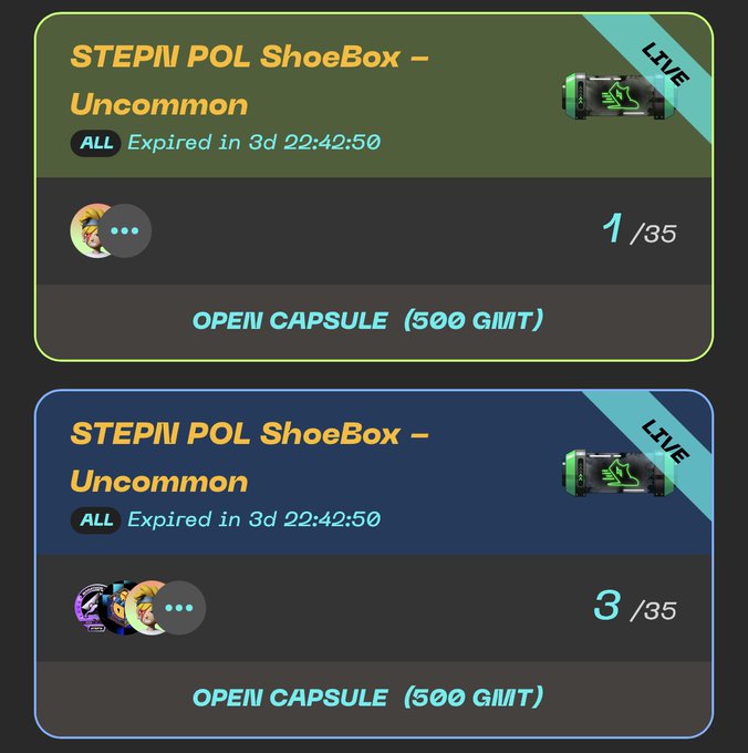 A screenshot of a STEPN NFT marketplace interface showing two STEPN POL ShoeBox - Uncommon capsule listings, each marked 'LIVE' and requiring 500 GMT to open, showing progress at 1/35 and 3/35.