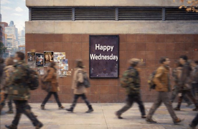 A photograph of pedestrians walking past a poster on a brick wall that reads "Happy Wednesday."