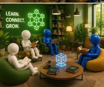 A cozy green-themed room features 3D figures reading books with a neon 'LEARN. CONNECT. GROW.' sign and honeycomb hexagon design on the wall.