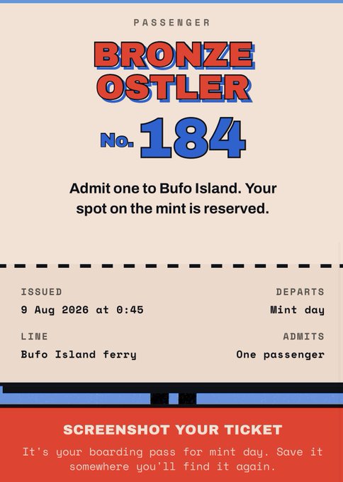A digital ferry ticket styled like a boarding pass, marked 'PASSENGER BRONZE OSTLER No. 184,' admitting one to 'Bufo Island' via 'Bufo Island ferry' and prompting the user to 'SCREENSHOT YOUR TICKET.'