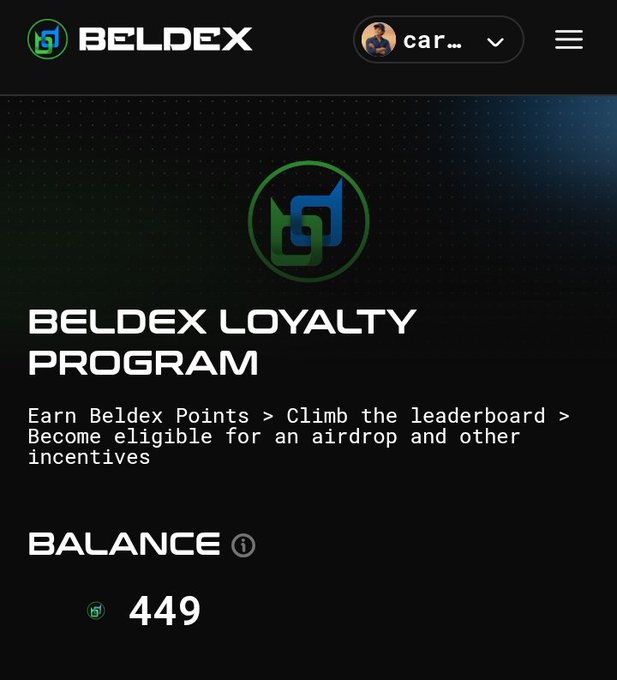 A screenshot of the BELDEX Loyalty Program webpage showing a user profile with the name "car..." and a balance of 449 Beldex points, with text explaining "Earn Beldex Points > Climb the leaderboard > Become eligible for an airdrop and other incentives."