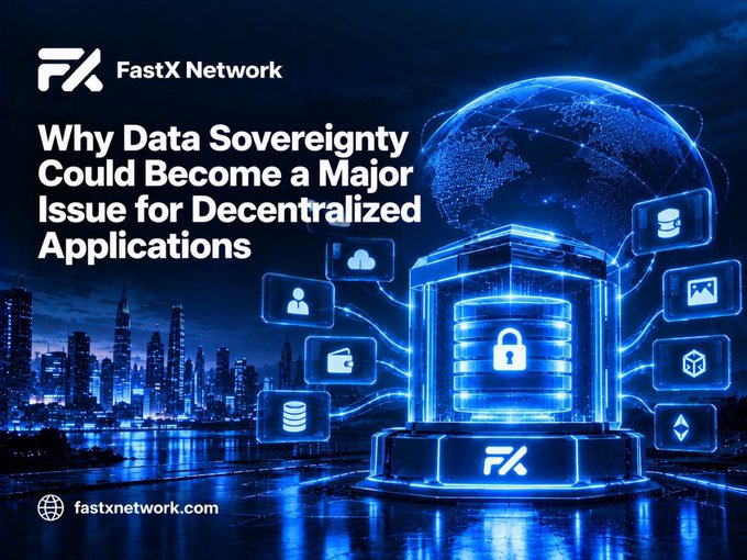 A promotional graphic by FastX Network titled "Why Data Sovereignty Could Become a Major Issue for Decentralized Applications," featuring a glowing digital database with a padlock icon surrounded by various data and user icons over a futuristic cityscape at night, visually reinforcing the post's concern about decentralized apps accumulating sensitive user data and the need to maintain personal data sovereignty.