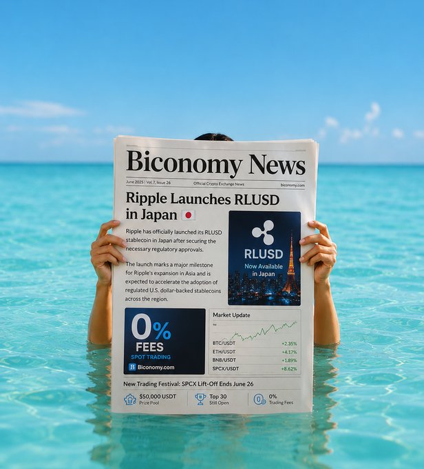 A person holds a "Bconomy News" newspaper in clear turquoise water, featuring the headline "Ripple Launches RLUSD in Japan" with details on the regulatory approval and a market update showing gains in BTC/USDT (+2.35%), ETH/USDT (+6.17%), BNB/USDT (+1.89%), and SPCX/USDT (+8.62%), alongside a "0% FEES" spot trading promotion—visually reinforcing Ripple's expansion milestone with a refreshing, clean aesthetic.