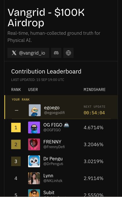 A screenshot of the 'Vangrid - $100K Airdrop' contribution leaderboard, showing top contributors including OG FIGO (4.6714%), FRENNY (3.2046%), Dr Pengu (3.0219%), Lynn (2.9114%), and Subit (2.5550%).