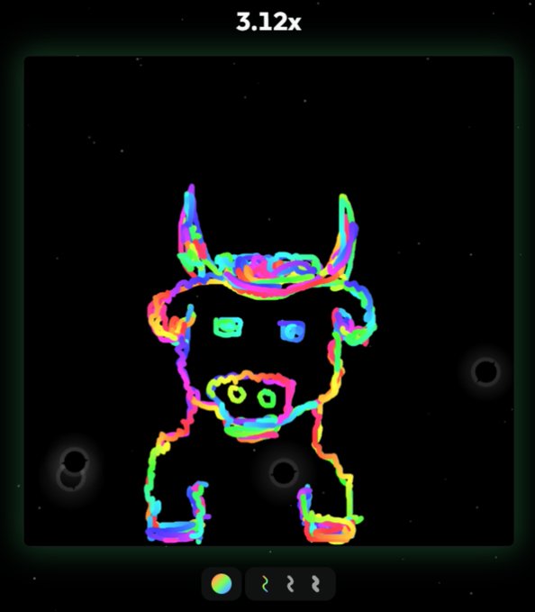A digital drawing of a horned bull-like figure rendered in rainbow colors on a black starry background, labeled '3.12x' at the top.