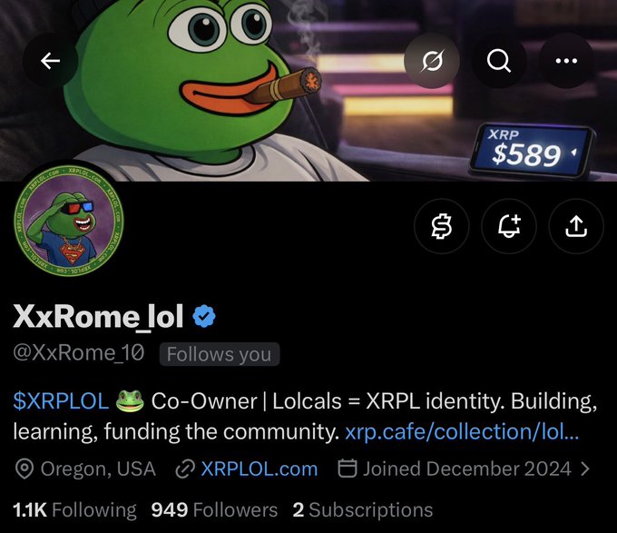 The image shows the X/Twitter profile of XxRome_lol (@XxRome_10), a verified account co-owner of $XRPLOL with 949 followers, featuring a Pepe the Frog profile picture smoking a cigar and an XRP price tag of $589. This aligns with the accompanying post celebrating him as a dedicated $XRP community member, with the caption helping promote his account to reach the 1,000 follower milestone.