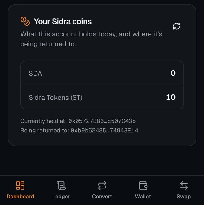 A mobile app dashboard titled 'Your Sidra coins' shows balances of 0 SDA and 10 Sidra Tokens (ST), along with partial blockchain addresses for current and return wallets.