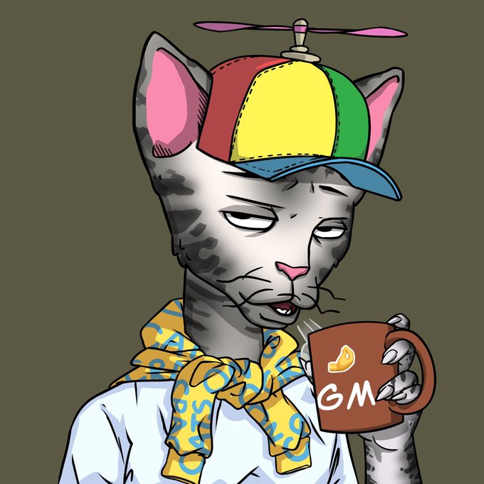 An illustration of a gray cat wearing a colorful propeller cap and a yellow patterned scarf, holding a brown mug labeled 'GM' with a piece of cheese on it.
