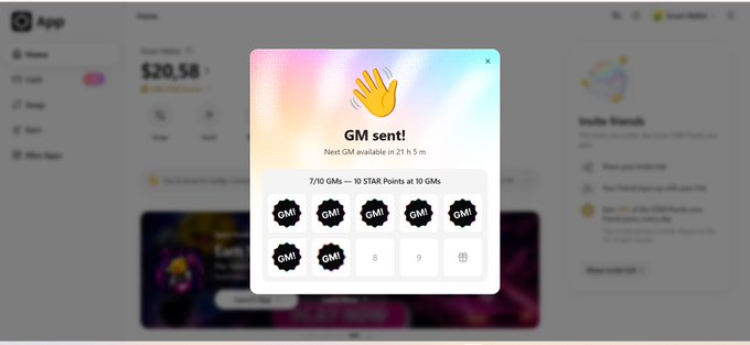A screenshot of the GMX app interface shows a 'GM sent!' notification with a waving hand emoji, indicating 7/10 GMs completed and a next GM available in 21h 5m.