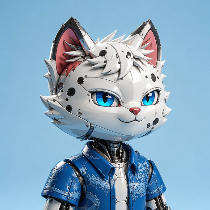 A 3D-rendered anthropomorphic robotic cat character with white mechanical fur, blue eyes, and a blue patterned shirt, set against a light blue background.