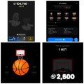 A collage of four mobile app screenshots displays a points-based reward system with an orange basketball icon, showing '2,500' points and a 'SKILLS' tab.