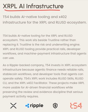 An informational graphic titled "XRPL AI Infrastructure" explaining how T54 builds AI-native tooling and x402 infrastructure for the XRPL and RLUSD ecosystem, sitting beside the XRP Ledger rather than replacing it, with components including XRPL Skills, RLUSD CLL, and the XRL x402 Facilitator. The image complements the post by visually establishing T54's role as the AI/x402 infrastructure provider being referenced when discussing Mastercard's Verifiable Intent Standard integrating with T54's XRPL x402 Facilitator for pre-settlement authorization of agent transactions involving XRP and RLUSD.