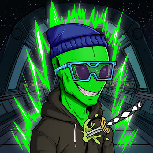 A vibrant digital illustration of a green-skinned character wearing a blue beanie, cyan-framed sunglasses, and a brown hoodie, wielding a sword with a green glowing aura in a sci-fi setting.