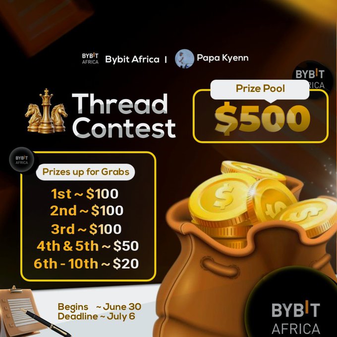 A promotional graphic announces a Bybit Africa Thread Contest hosted by Papa Kyenn with a $500 prize pool, listing cash prizes for top participants and running from June 30 to July 6.