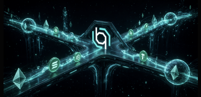 A futuristic digital graphic displays cryptocurrency symbols including Bitcoin, Ethereum, Tether, and others flowing along teal pathways with a central hexagonal logo.