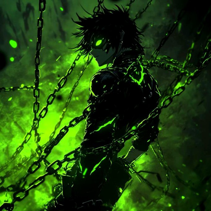 A dark anime-style illustration of a spiky-haired figure with glowing green eyes, surrounded by chains in a vibrant green atmosphere.