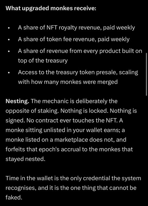 An informational text document titled "What upgraded monkeys receive," detailing benefits like NFT royalty revenue and explaining a "Nesting" mechanic where time in the wallet is the credential.