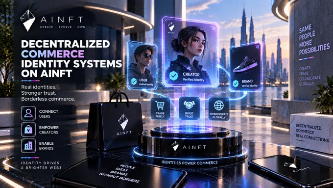 An AINFT promotional banner advertising 'DECENTRALIZED COMMERCE IDENTITY SYSTEMS ON AINFT' with three verified identity categories (User, Creator, Brand) and icons for connecting users, empowering creators, and enabling brands.