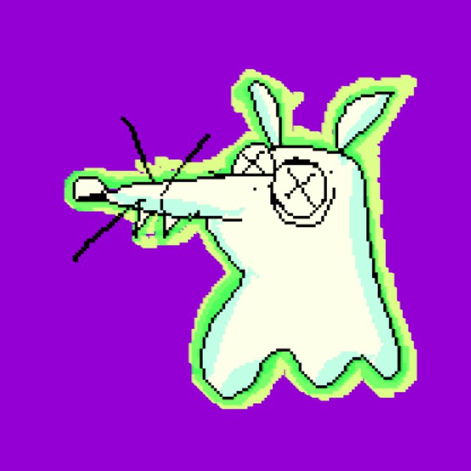A crude digital drawing shows a white rabbit-like figure with green outlines holding a smoking gun, with 'X's for eyes on a purple background.