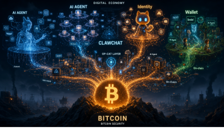 The image depicts a futuristic digital economy ecosystem centered on Bitcoin, featuring interconnected elements like an AI Agent, Identity (depicted as a fox character), ClawChat, AI Wallet, and various on-chain infrastructure components, all converging toward a glowing Bitcoin symbol at the base.

This visual metaphor of foundational infrastructure—from AI agents and wallets to on-chain layers and identity systems—reinforces the post's message about evaluating crypto projects based on enduring infrastructure value rather than bull market hype, illustrating the essential building blocks that continue to matter when market sentiment cools.