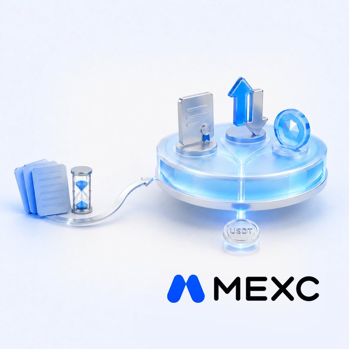 A sleek 3D illustration shows documents and an hourglass connected to a glowing blue platform featuring a certificate, exchange arrows, and a coin, with "USDT" labeled below and the "MEXC" logo at the bottom. The image visually represents the contrast described in the post — the slow, paperwork-heavy traditional brokerage process (hourglass and forms) versus MEXC's streamlined USDT-based trading platform.
