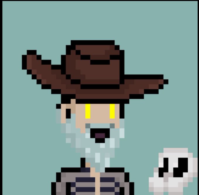 A pixel art illustration of a character resembling Davy Jones, featuring a barnacle-covered face, a wide-brimmed hat, and holding a small ghost.