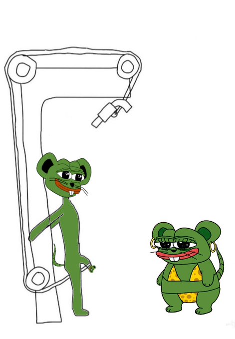 A crude digital drawing depicting a green cartoon panther-like character hanging on a gallows-style noose structure, facing a smaller green mouse-like character wearing a bikini.
