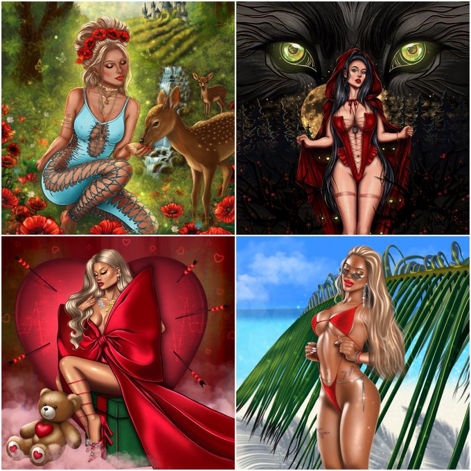 This image is a collage of four different digital artworks featuring stylized, glamorous women in various fantasy and tropical settings. These pieces serve as visual examples of the "available artworks" mentioned in the accompanying post.