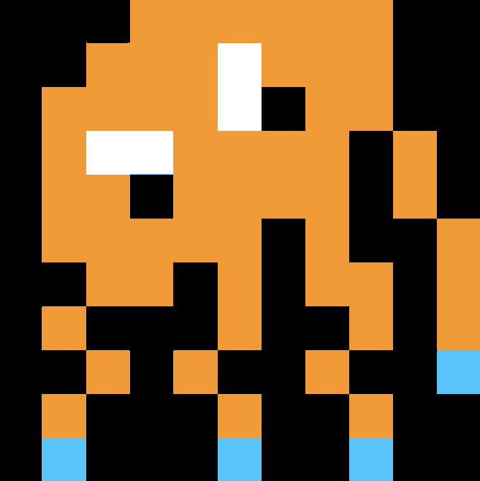 A blocky, pixel-art orange character with white rectangular eyes and blue-tipped feet, styled like a retro arcade sprite.