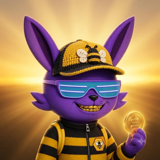 A 3D-rendered purple cartoon character with large ears wearing a yellow and black bee-themed cap, neon blue shutter shades, and a matching bee-striped jacket, holding up a gold Solana cryptocurrency coin.