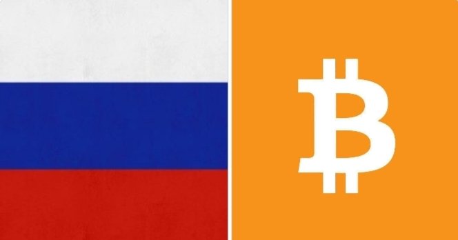 The image is split between the Russian flag on the left and the Bitcoin logo on the right, visually representing the intersection of Russia's new crypto regulations and Bitcoin adoption. The ₿ symbol reinforces the post's message about Russia's first comprehensive crypto law taking effect on September 1.