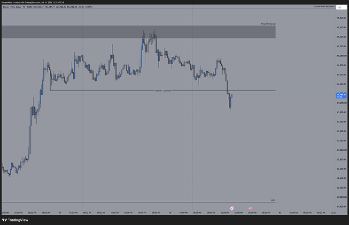 TradingView candlestick chart showing price action with a marked 'Zone of Interest' resistance band at the top and an 'Internal Liquidity' horizontal line, with a recent sharp decline visible.