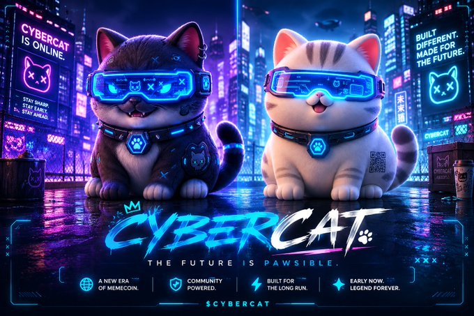 A vibrant cyberpunk-style digital advertisement features two cats wearing glowing blue goggles with the text 'CYBERCAT IS ONLINE' and 'CYBERCAT THE FUTURE IS PAWSIBLE.'