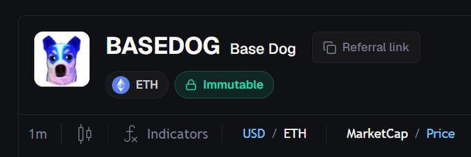 The image displays a trading chart header for "$BASEDOG Base Dog" token on the ETH/Immutable network, featuring a blue dog logo and a referral link button. This visually represents the newly launched BASEDOG token being promoted in the accompanying post, which positions it as a follow-up opportunity to the earlier BASECAT token on the Base App ecosystem.