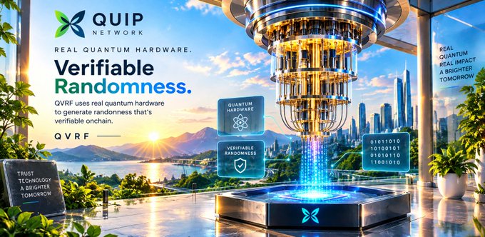 A promotional graphic for 'QUIP NETWORK' advertising 'REAL QUANTUM HARDWARE. Verifiable Randomness.' with a futuristic quantum device in a bright room.