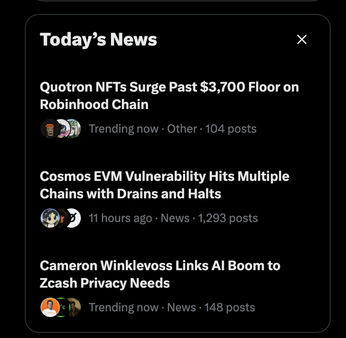 A 'Today's News' section showing three headlines: 'Quotron NFTs Surge Past $3,700 Floor on Robinhood Chain', 'Cosmos EVM Vulnerability Hits Multiple Chains with Drains and Halts', and 'Cameron Winklevoss Links AI Boom to Zcash Privacy Needs'.