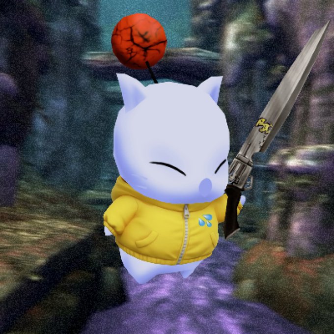 A cute anime-style white cat character wearing a yellow hoodie, holding a sword with a red orb on its head, set against a dark, fantasy background.